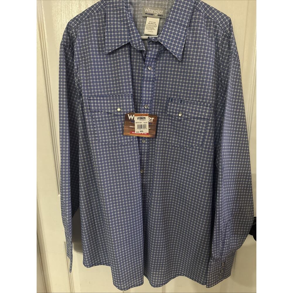 Wrangler Wrancher Blue Pattern Pearl SnapXXL Button Down Western Dress Shirt NWT
